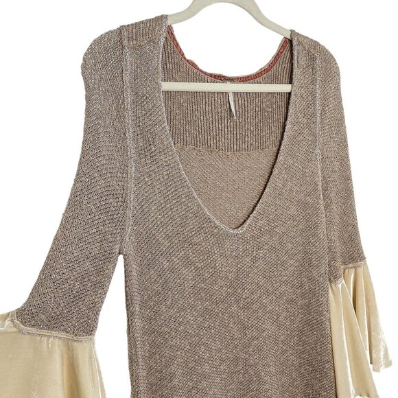 Free People Metallic Knit V-Neck Tunic With Velvet Bell Sleeves, S - Picture 3 of 10